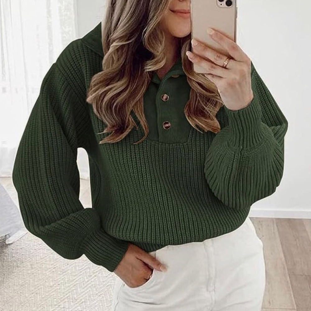 BTFBM Amazon Women’s Henley Collared Chunky Knit Sweater Olive Green Size Medium